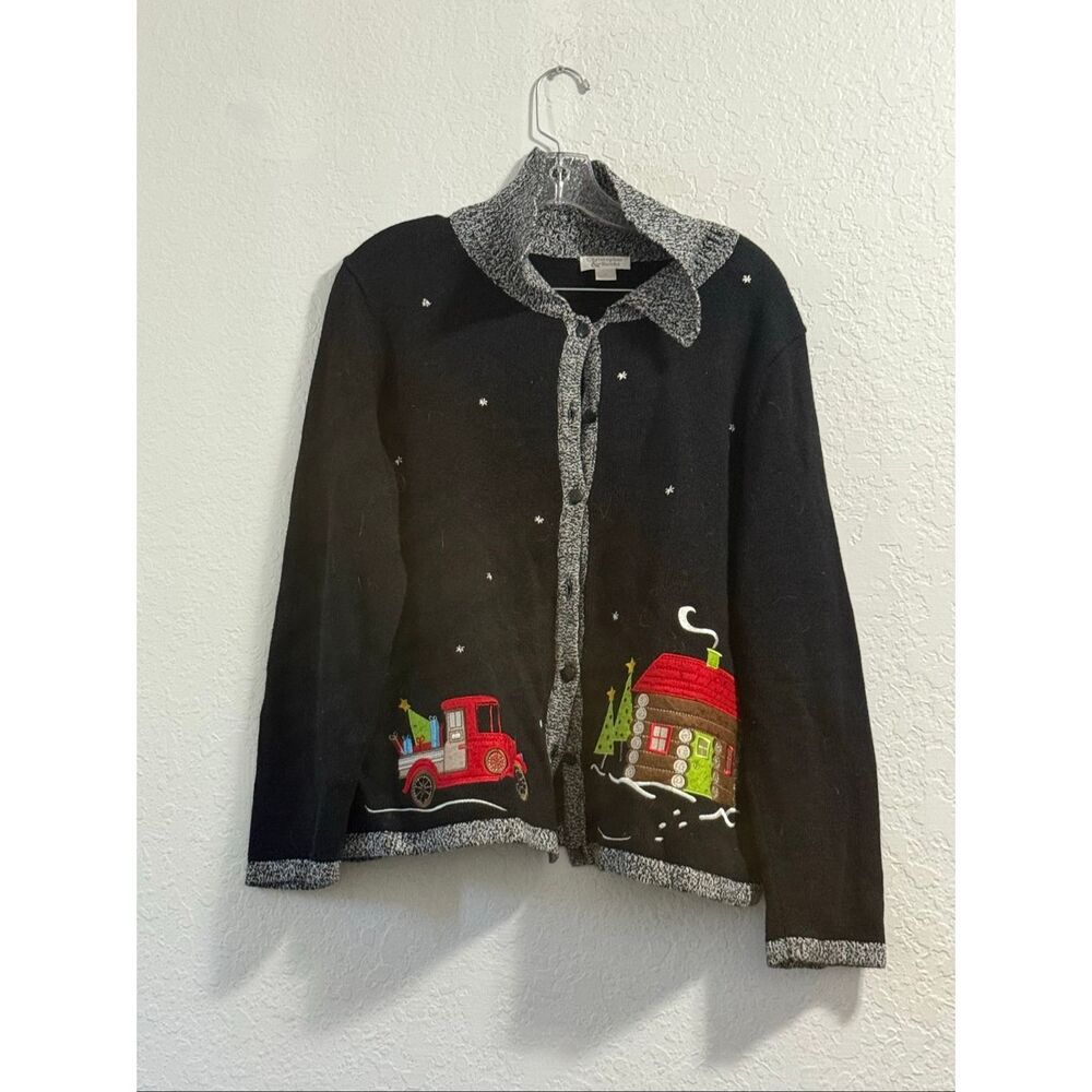CHRISTOPHER‎ BANKS SWEATER XL CARDIGAN CABIN CHRISTMAS TREES TRUCK